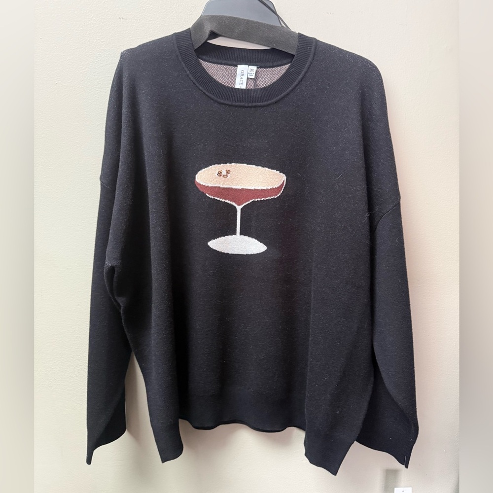 Grace + karma Elegant Black Sweater with Cocktail Design